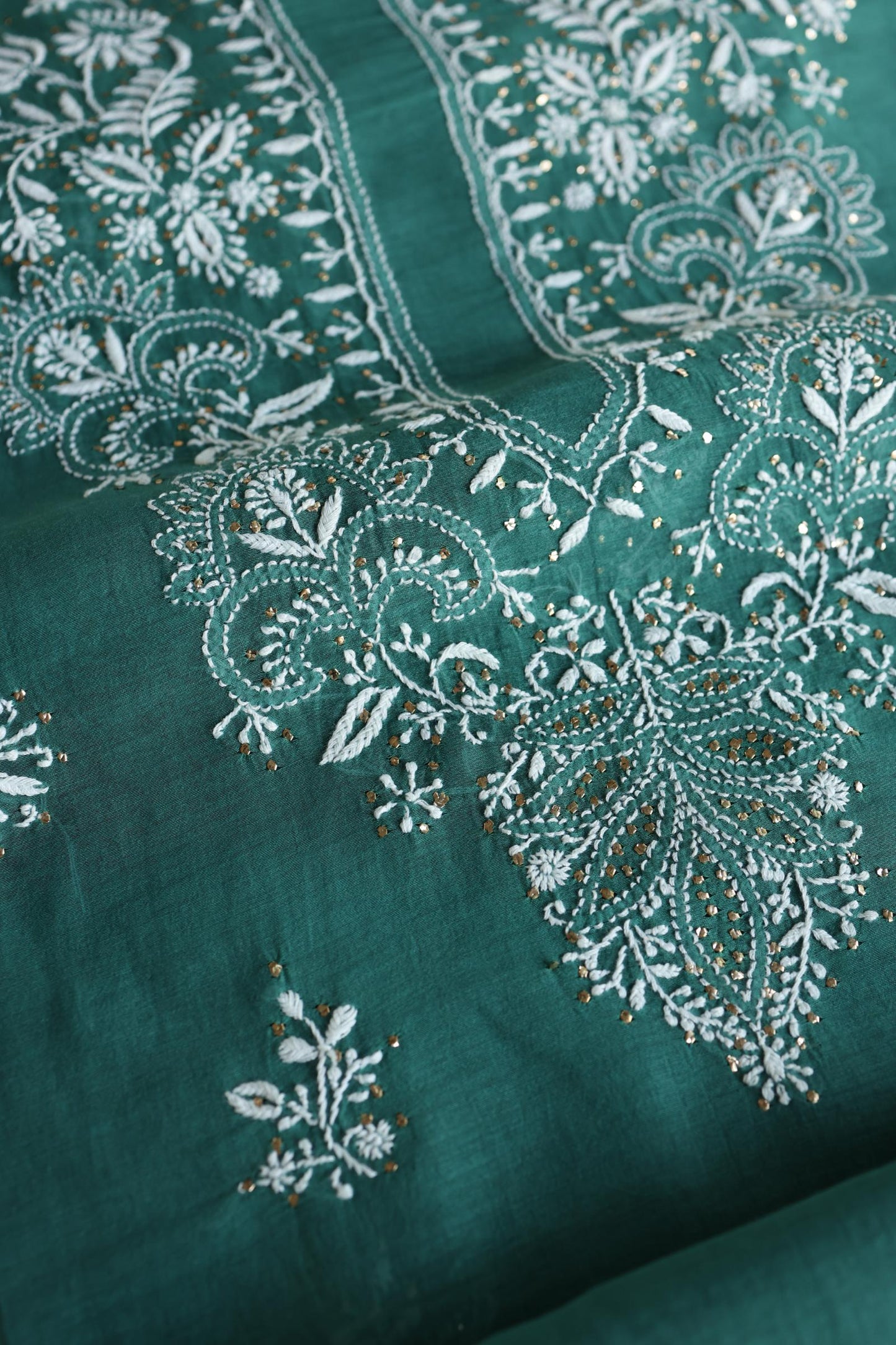 Bottle Green Shade Mal Cotton Fine Chikankari Unstitched Fabric