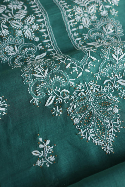 Bottle Green Shade Mal Cotton Fine Chikankari Unstitched Fabric