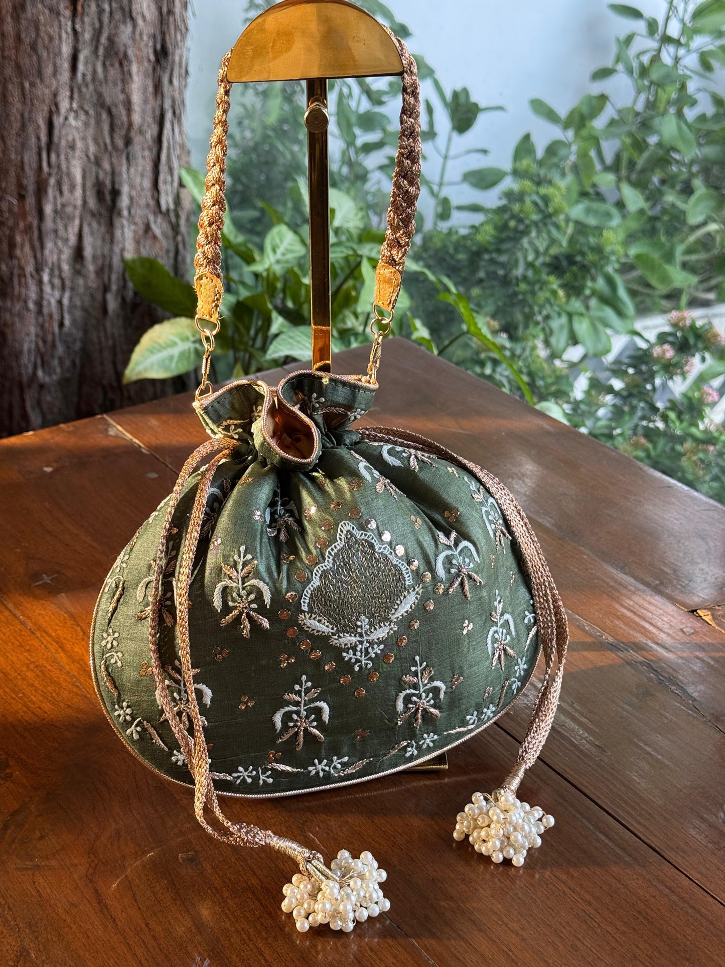 Bottle Green Shade Raw Silk Chikankari Polti Bag