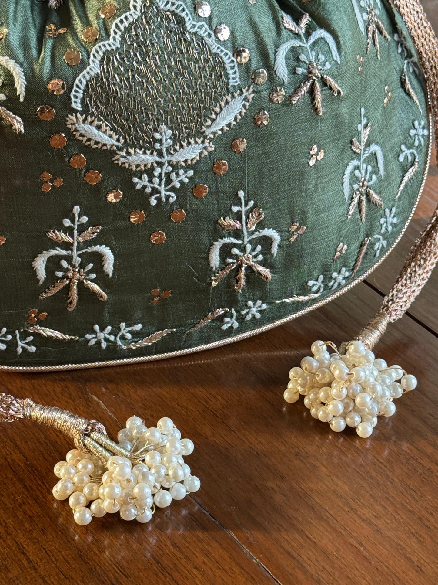 Bottle Green Shade Raw Silk Chikankari Polti Bag