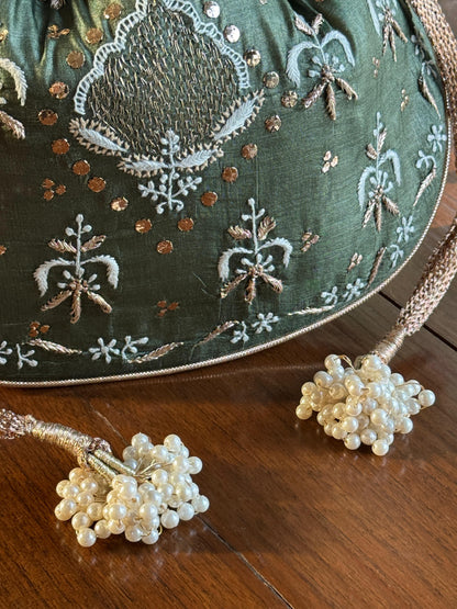 Bottle Green Shade Raw Silk Chikankari Polti Bag
