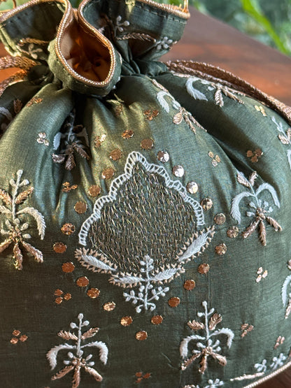 Bottle Green Shade Raw Silk Chikankari Polti Bag