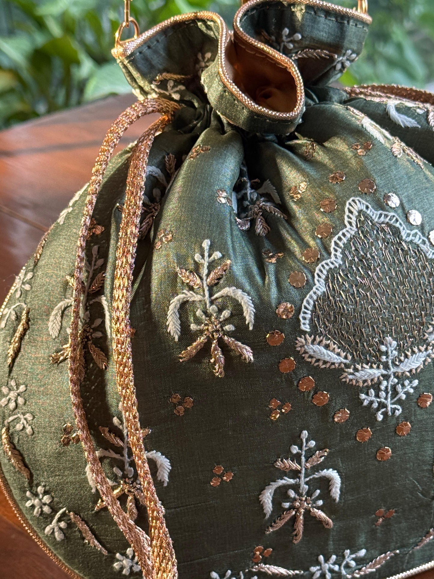 Bottle Green Shade Raw Silk Chikankari Polti Bag