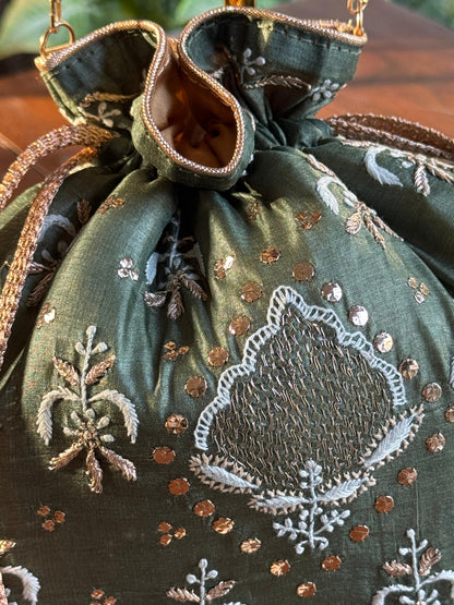 Bottle Green Shade Raw Silk Chikankari Polti Bag