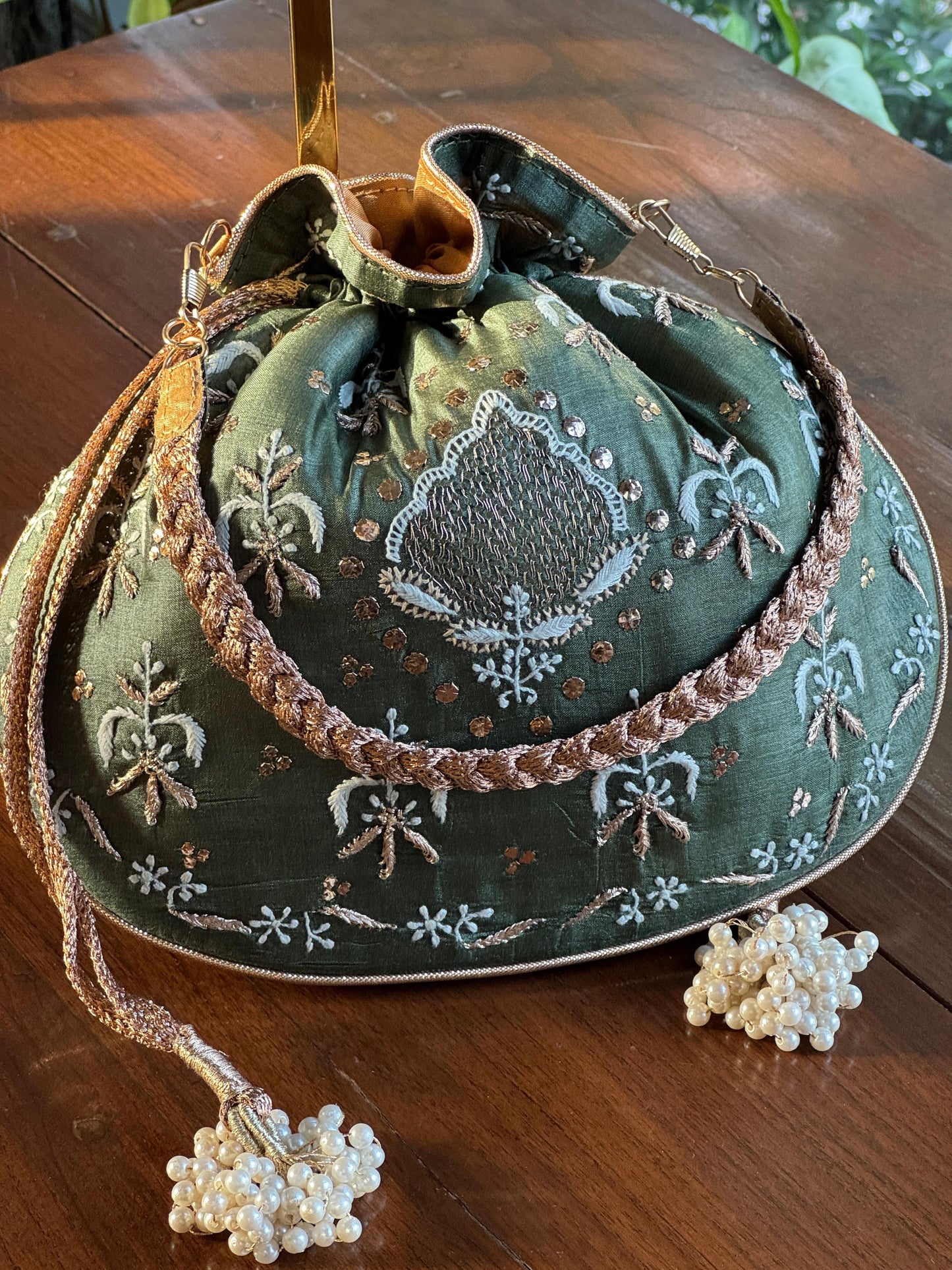 Bottle Green Shade Raw Silk Chikankari Polti Bag