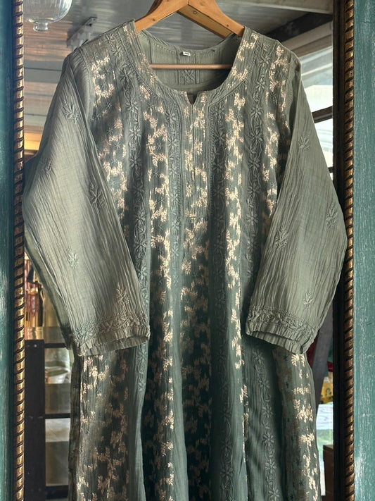 Bottle Green Shade Zari Chanderi Chikankari Ready to Wear Tunics