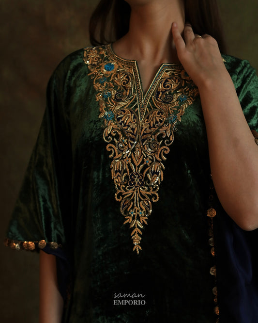 Bottle Green | Silk Velvet Zardozi Kaftan