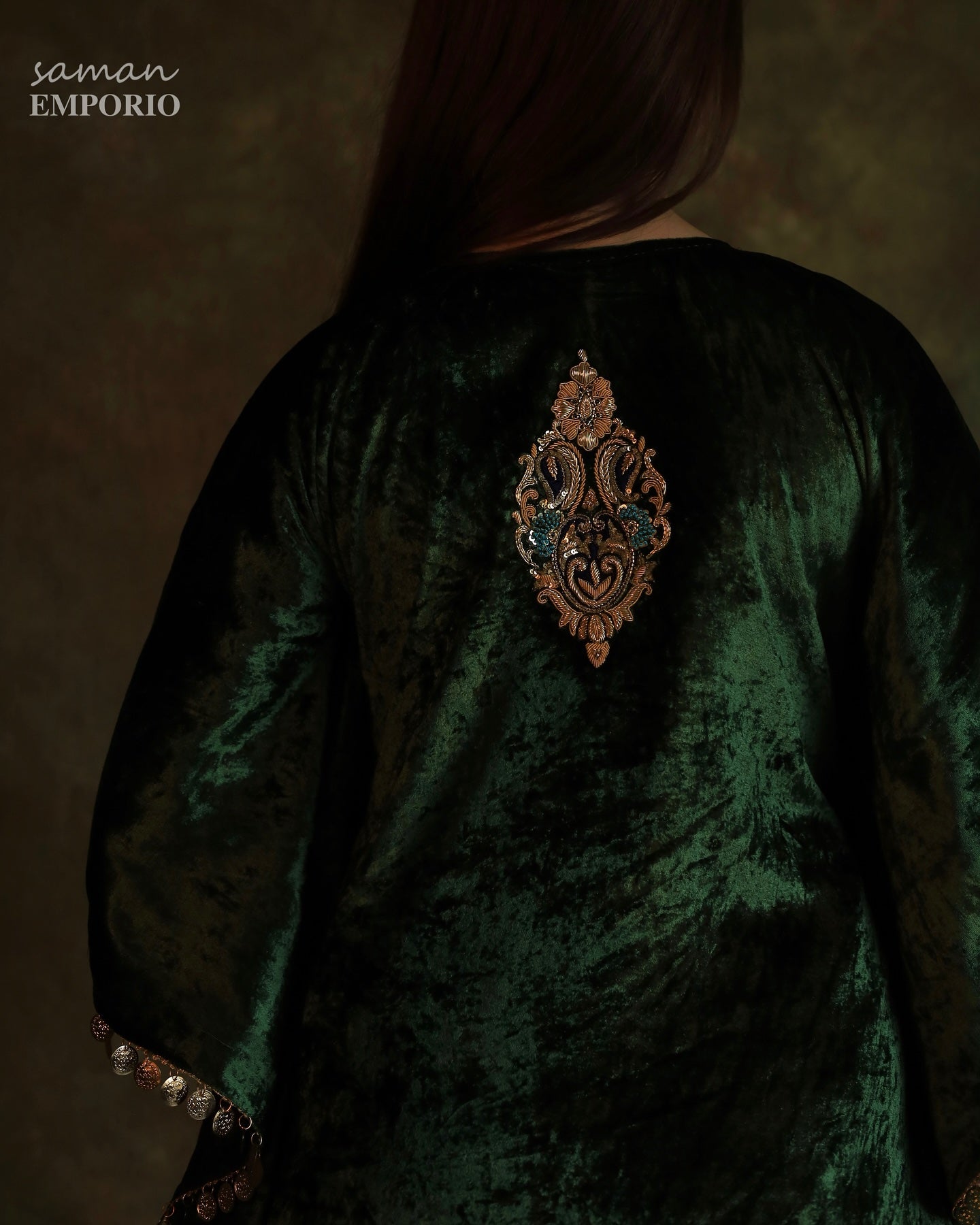 Bottle Green | Silk Velvet Zardozi Kaftan