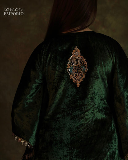 Bottle Green | Silk Velvet Zardozi Kaftan