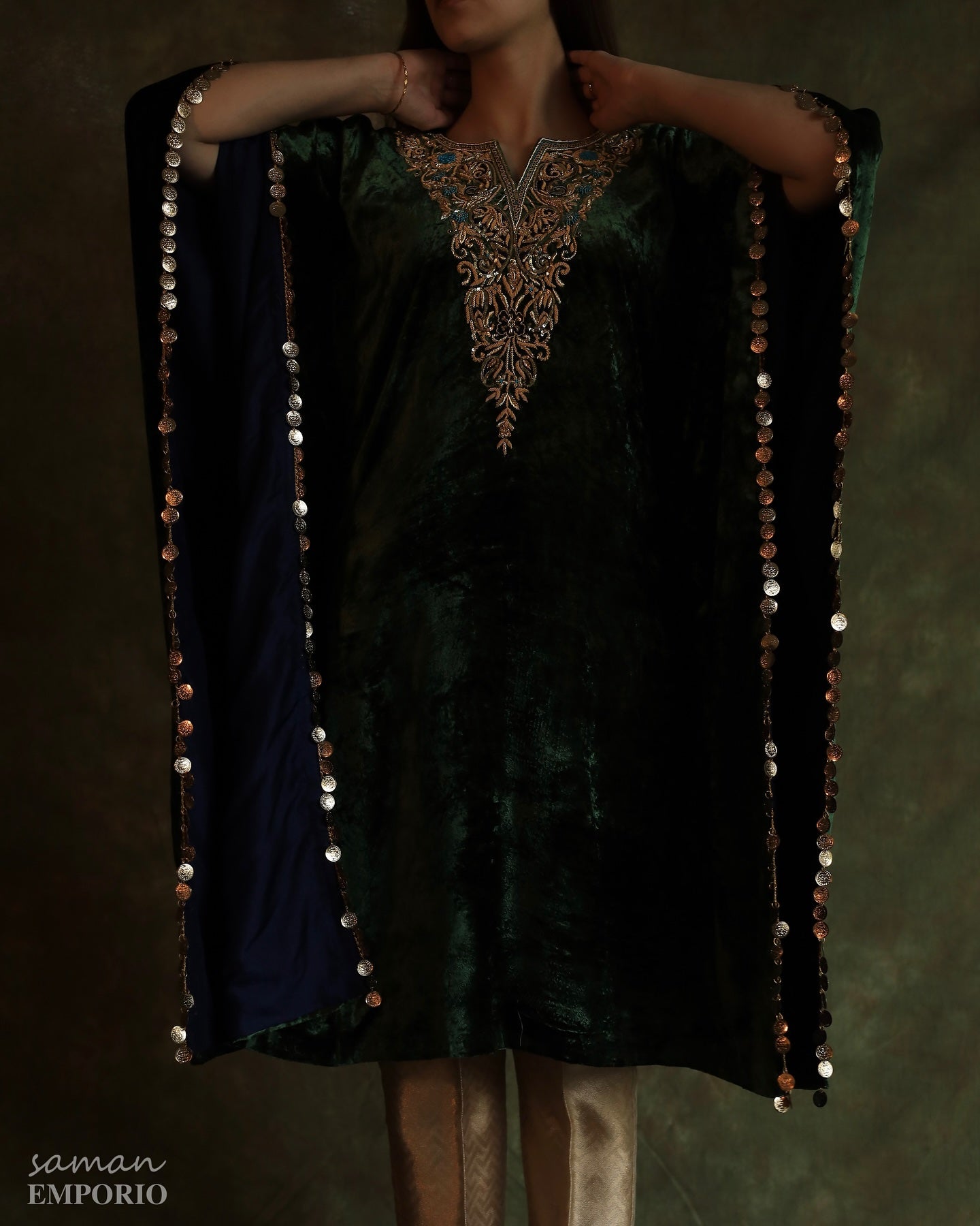 Bottle Green | Silk Velvet Zardozi Kaftan