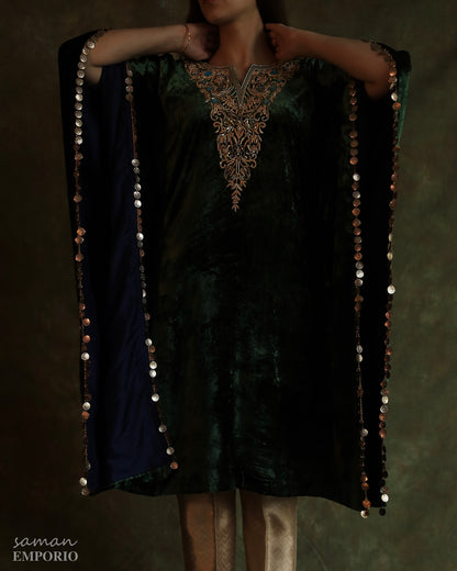 Bottle Green | Silk Velvet Zardozi Kaftan