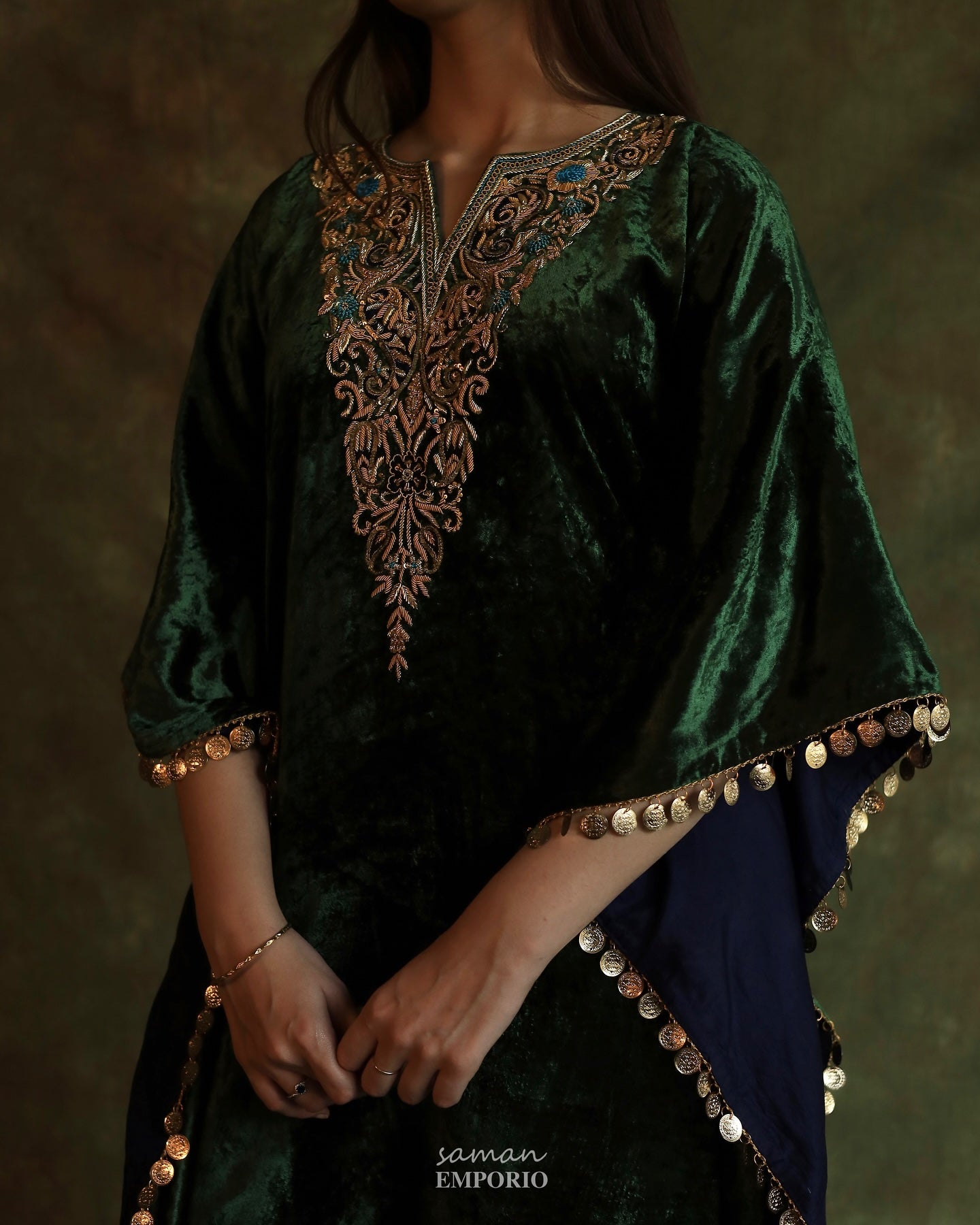 Bottle Green | Silk Velvet Zardozi Kaftan