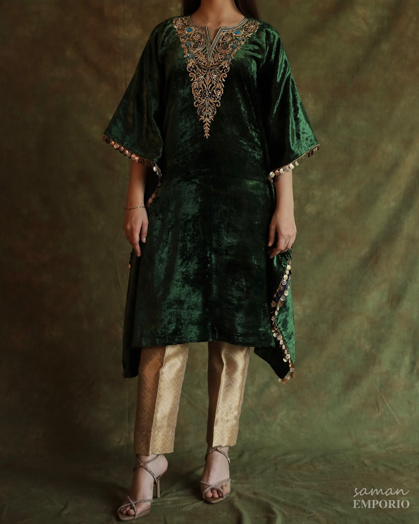 Bottle Green | Silk Velvet Zardozi Kaftan