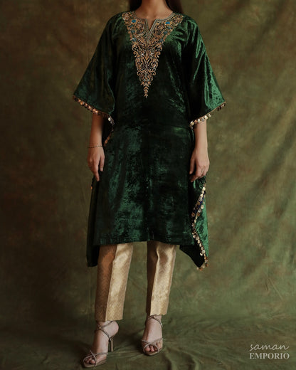 Bottle Green | Silk Velvet Zardozi Kaftan