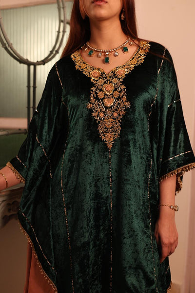 Bottle Green Silk Velvet Zardozi Kaftan