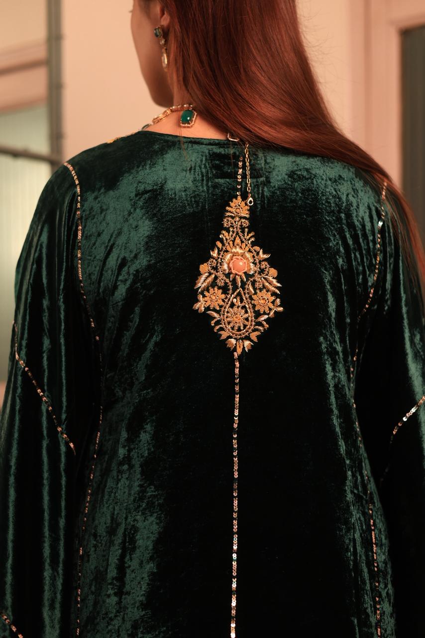 Bottle Green Silk Velvet Zardozi Kaftan