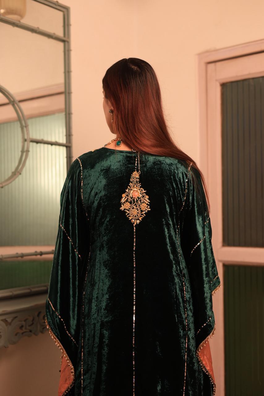 Bottle Green Silk Velvet Zardozi Kaftan