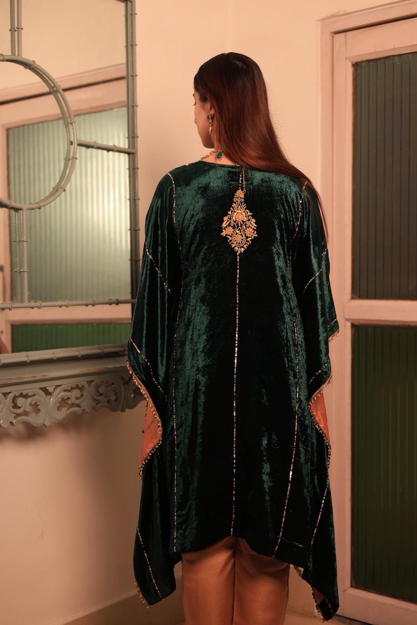 Bottle Green Silk Velvet Zardozi Kaftan