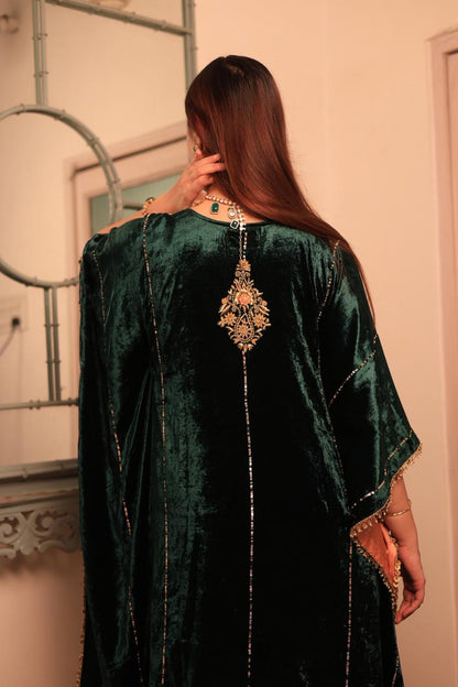 Bottle Green Silk Velvet Zardozi Kaftan