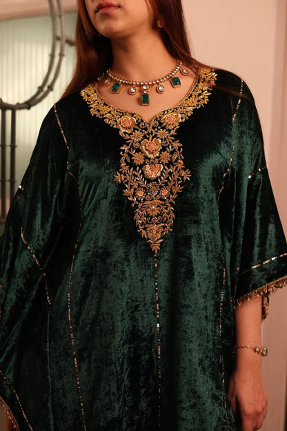 Bottle Green Silk Velvet Zardozi Kaftan