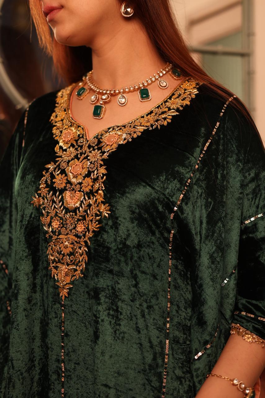Bottle Green Silk Velvet Zardozi Kaftan