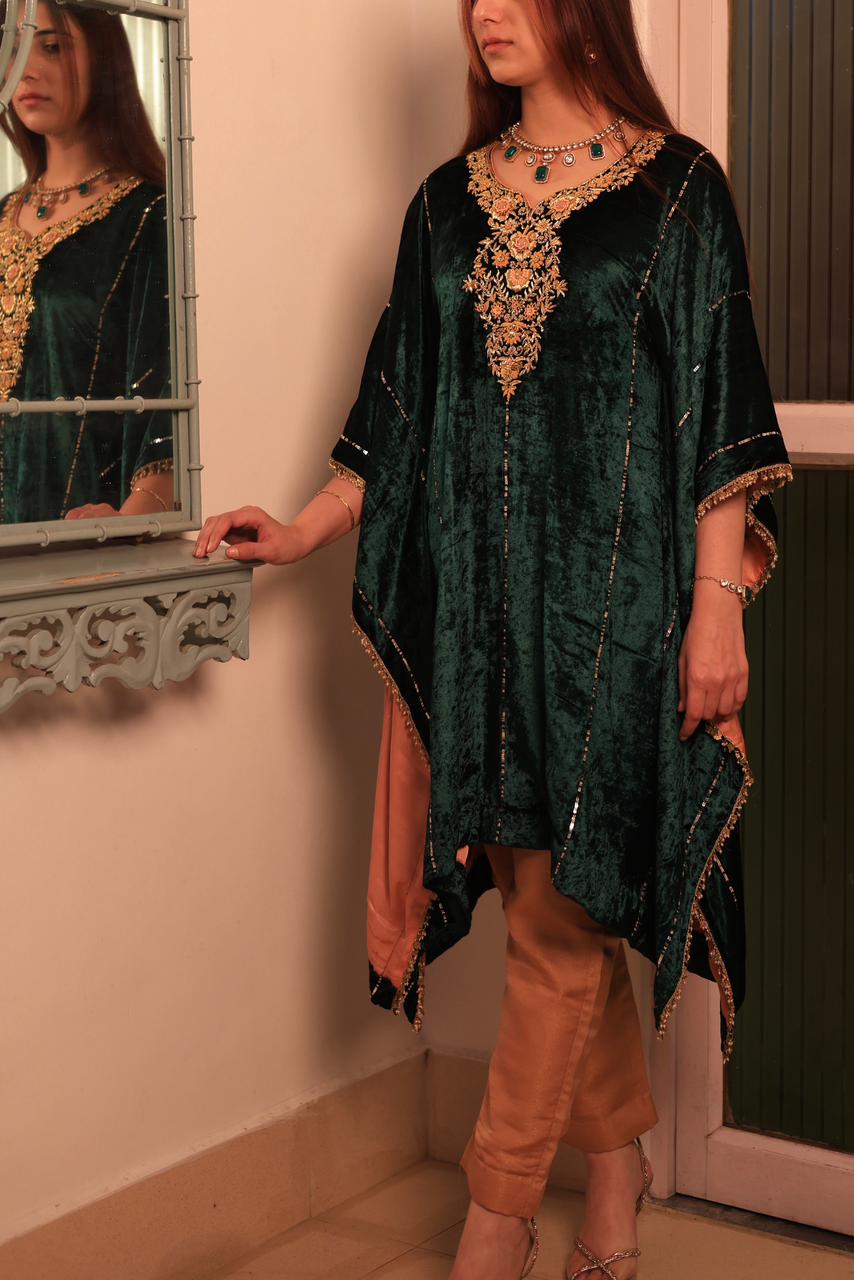 Bottle Green Silk Velvet Zardozi Kaftan