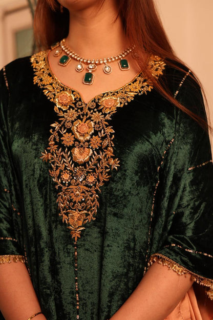 Bottle Green Silk Velvet Zardozi Kaftan