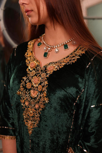Bottle Green Silk Velvet Zardozi Kaftan