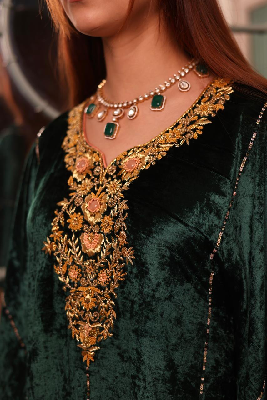 Bottle Green Silk Velvet Zardozi Kaftan