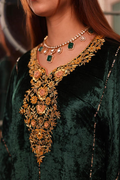 Bottle Green Silk Velvet Zardozi Kaftan