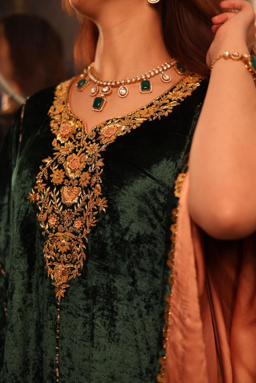 Bottle Green Silk Velvet Zardozi Kaftan