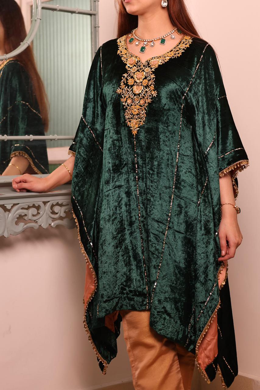 Bottle Green Silk Velvet Zardozi Kaftan