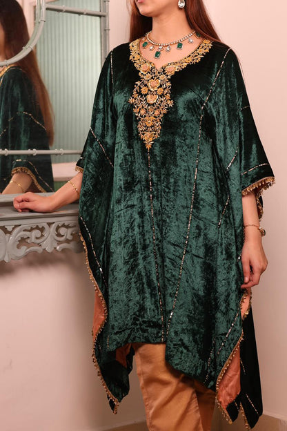 Bottle Green Silk Velvet Zardozi Kaftan