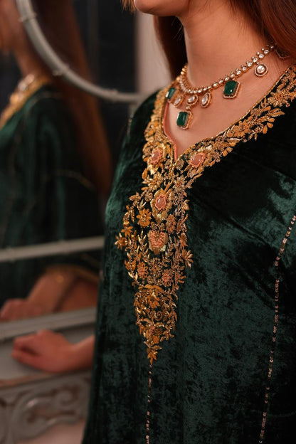 Bottle Green Silk Velvet Zardozi Kaftan