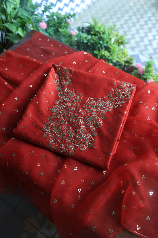 Brick Red Chanderi Silk Mukaish Badla Unstitched Fabric