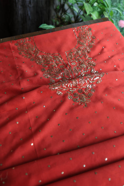 Brick Red Chanderi Silk Mukaish Badla Unstitched Fabric