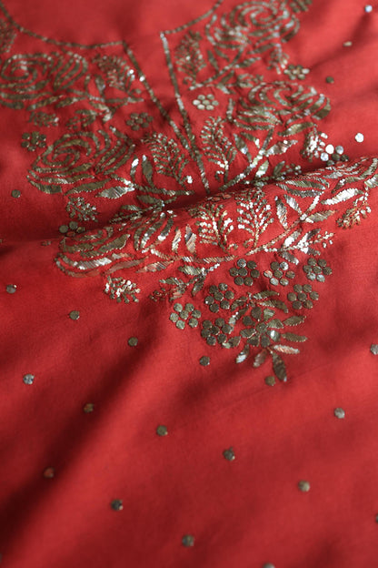Brick Red Chanderi Silk Mukaish Badla Unstitched Fabric