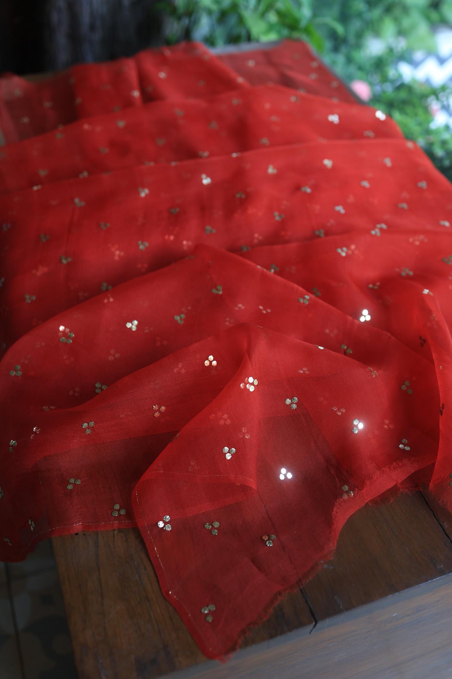 Brick Red Chanderi Silk Mukaish Badla Unstitched Fabric