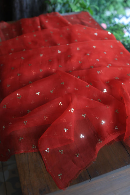Brick Red Chanderi Silk Mukaish Badla Unstitched Fabric