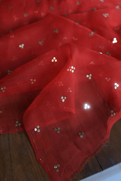 Brick Red Chanderi Silk Mukaish Badla Unstitched Fabric