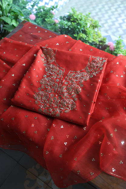 Brick Red Chanderi Silk Mukaish Badla Unstitched Fabric