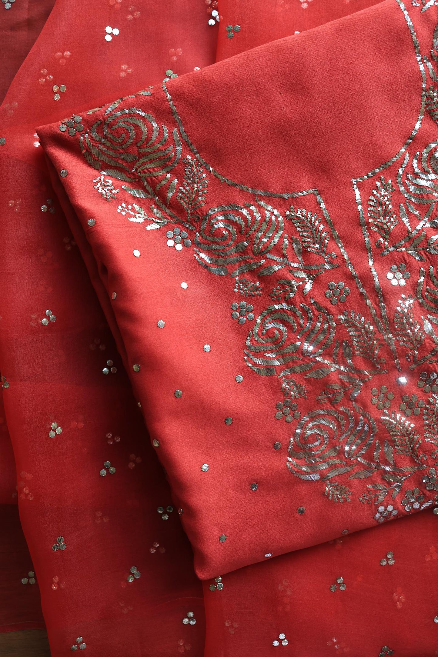 Brick Red Chanderi Silk Mukaish Badla Unstitched Fabric