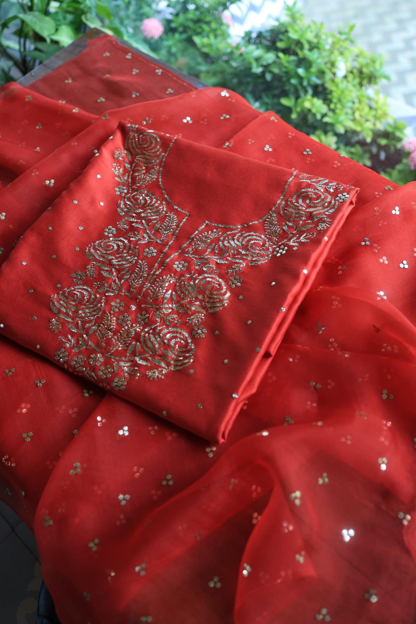 Brick Red Chanderi Silk Mukaish Badla Unstitched Fabric