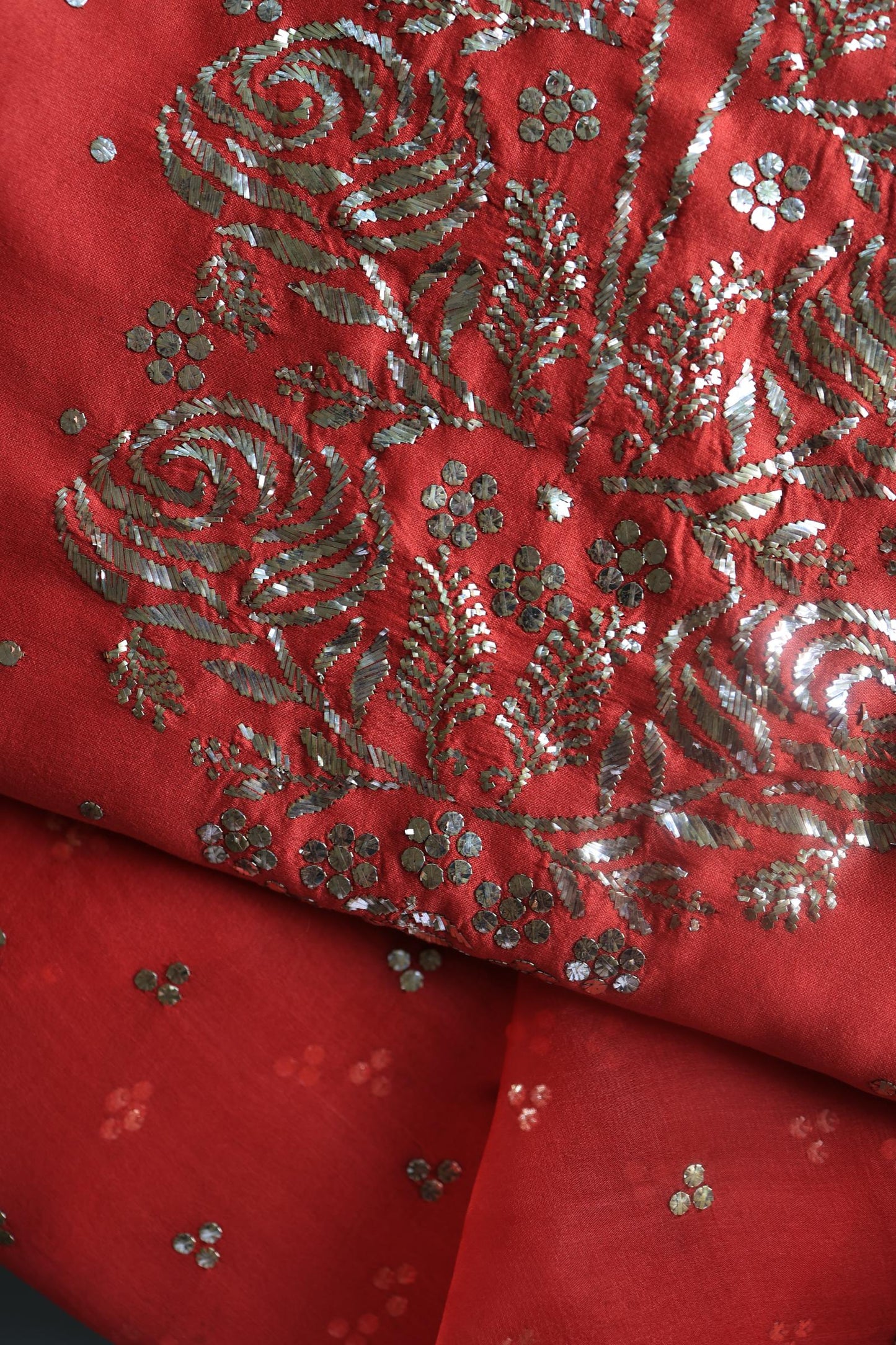 Brick Red Chanderi Silk Mukaish Badla Unstitched Fabric
