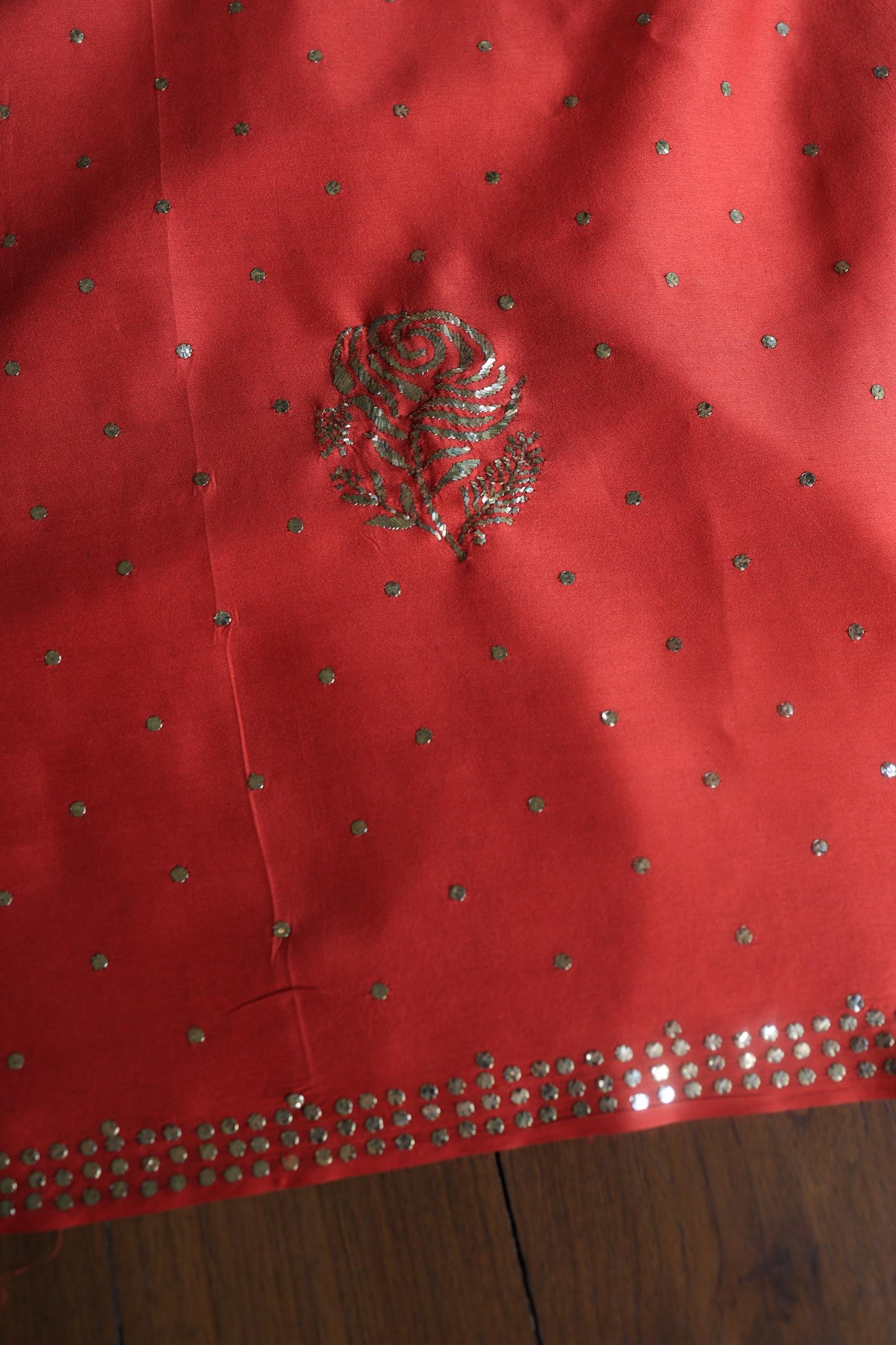 Brick Red Chanderi Silk Mukaish Badla Unstitched Fabric