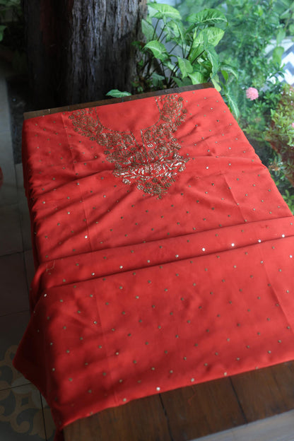Brick Red Chanderi Silk Mukaish Badla Unstitched Fabric