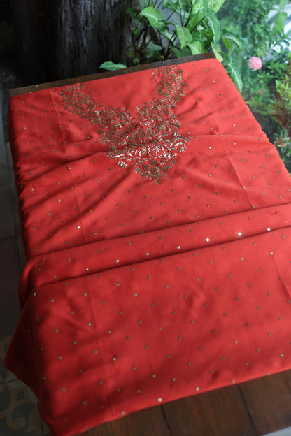 Brick Red Chanderi Silk Mukaish Badla Unstitched Fabric
