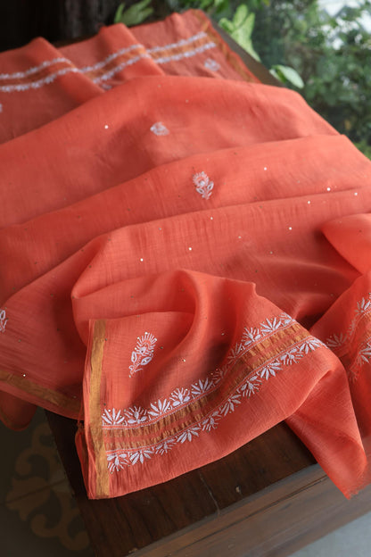 Brick Red Shade Mal Cotton Fine Chikankari Unstitched Fabric