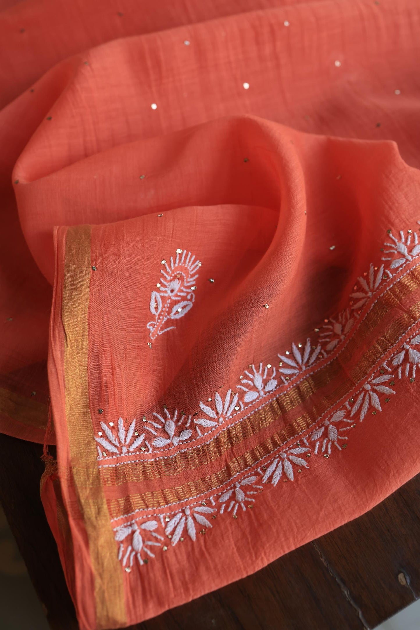 Brick Red Shade Mal Cotton Fine Chikankari Unstitched Fabric