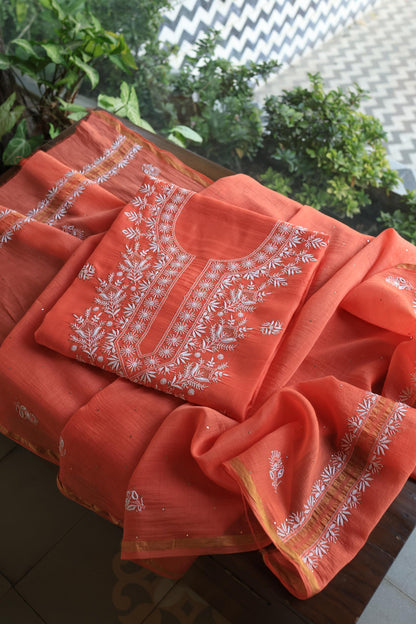 Brick Red Shade Mal Cotton Fine Chikankari Unstitched Fabric